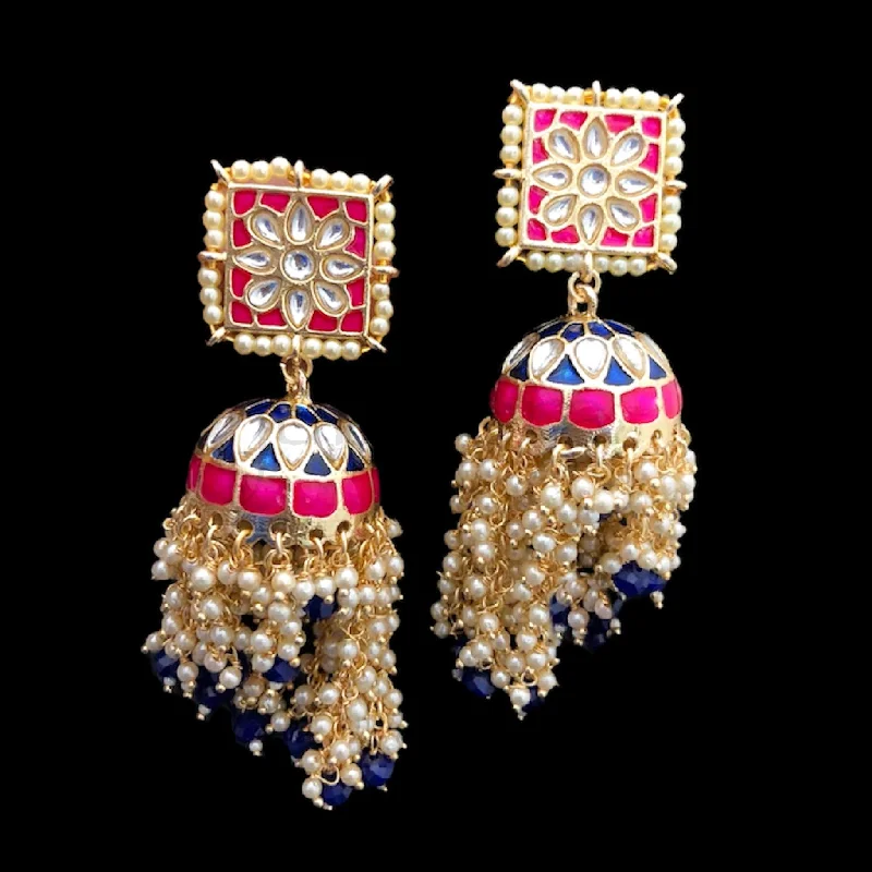 women’s vintage earrings -Kundan Meenakari Pink & Blue Jhumka Earring with Pearls