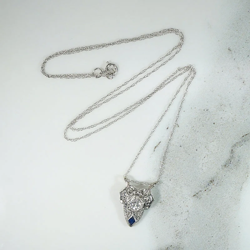 designer name necklaces for women -Fanciful Filigree Diamond & Sapphire in White Gold Necklace