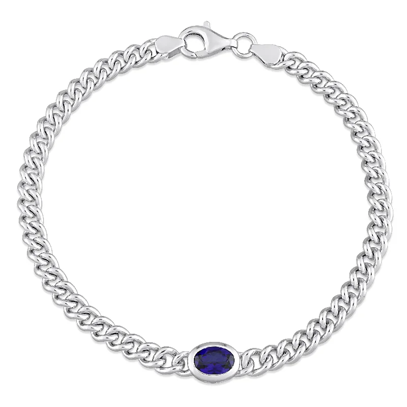 stacked gold bangles -Mimi & Max 1 1/4 CT TGW Oval Created Blue Sapphire Curb Link Chain Bracelet in Sterling Silver