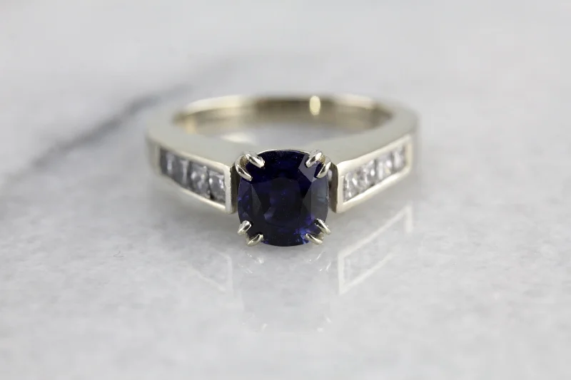 women’s platinum solitaire engagement rings -Contemporary Fine Midnight Blue Ceylon Sapphire of Excellent Quality,  Engagement Ring in Diamonds and White Gold