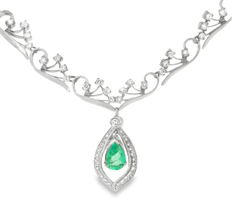 pearl necklaces for women -Antique 14K White Gold Filigree Emerald Diamond Necklace