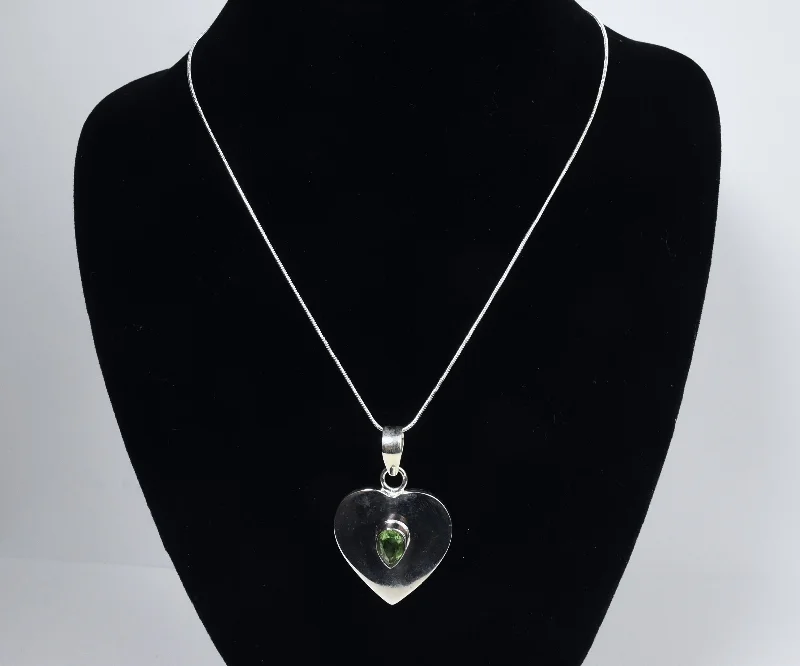 stacked necklaces for women -Sterling Silver Heart Peridot Pendant on Sterling Silver Chain Necklace