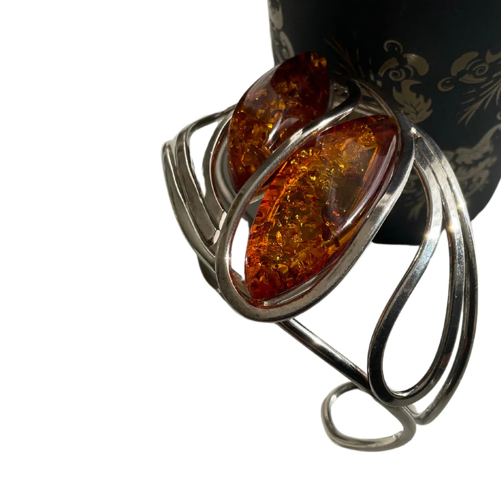 fashion bangles for women -Designer Sterling Silver Amber Stone Bangle