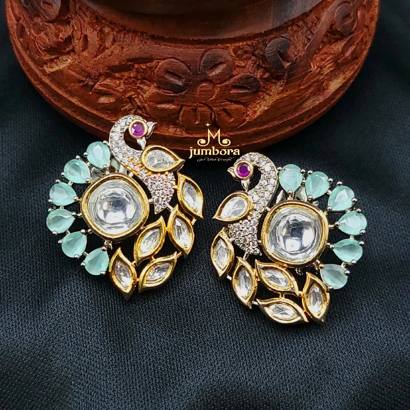 bohemian earrings for women -Victorian Peacock Mint Green AD Zircon & Kundan Earring