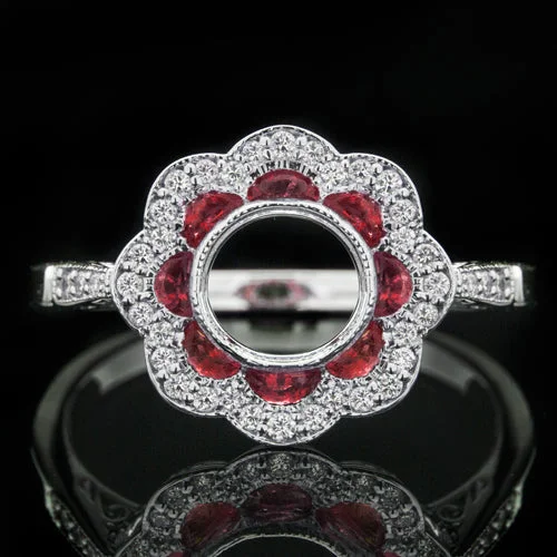 women’s custom designed engagement rings -VINTAGE STYLE DIAMOND RUBY ROUND HALO ENGAGEMENT RING SETTING WHITE GOLD 6MM