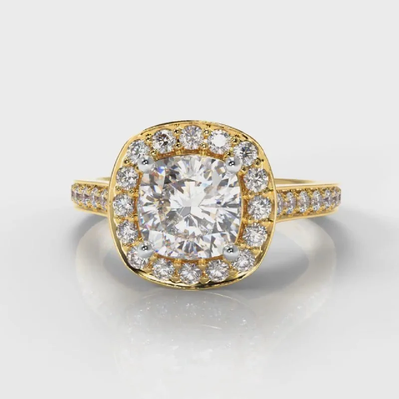 elegant gemstone engagement rings -Pavé Cushion Cut Diamond Halo Engagement Ring - Yellow Gold