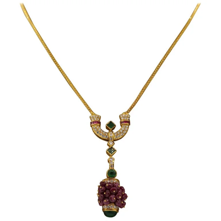 choker necklaces for women -Estate Ruby Emerald Diamond Gold Drop Necklace