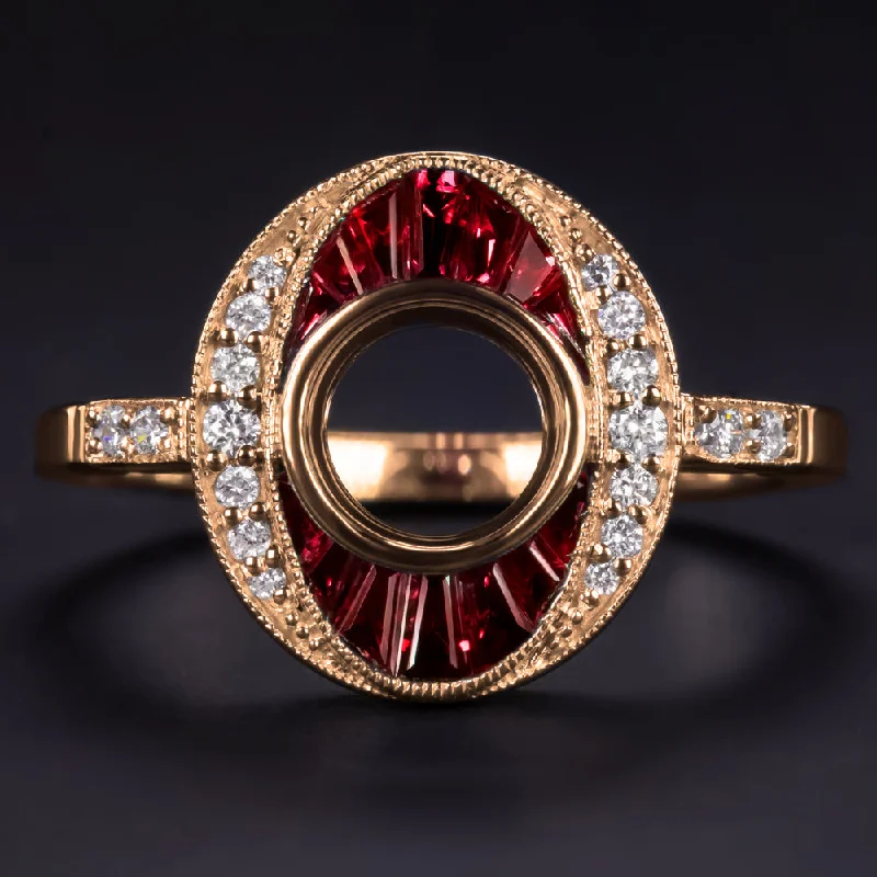 heirloom engagement rings -RUBY DIAMOND ENGAGEMENT RING SETTING ROUND VINTAGE ART DECO ROSE GOLD GEOMETRIC