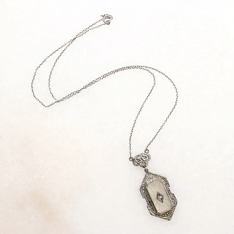 matching necklaces for women -Diamond-Set Camphor Glass in White Gold Filigree Necklace