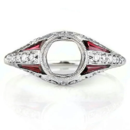 emerald cut engagement rings -VINTAGE STYLE DIAMOND RUBY 6mm ART DECO MOUNT ENGAGEMENT RING SETTING ROUND 14K