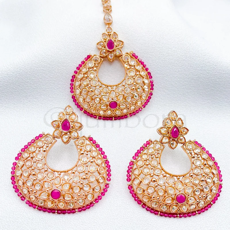 silver hoop earrings for women -Glam Rose Gold Earring & Tikka Set