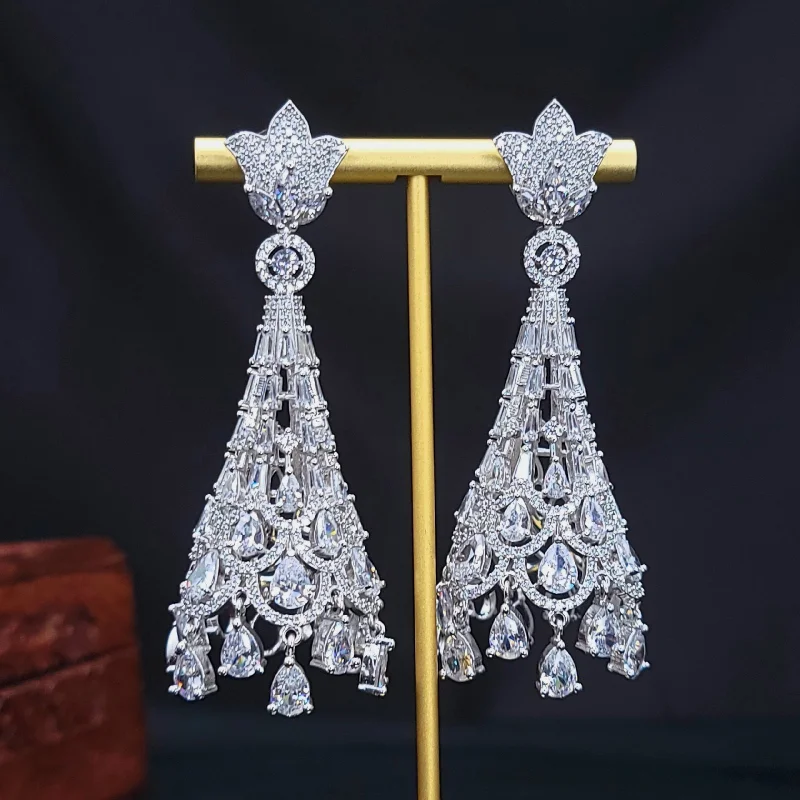 crystal earrings for women -Statement Long White Gold AD Zircon (CZ) Jhumka Earring