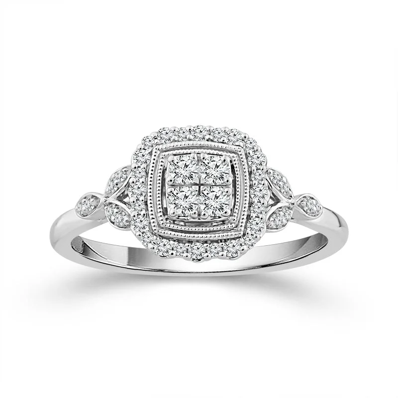 1/4 Ctw Multi Stone Diamond Halo Promise Ring With Milgrain Detail in 10k White Gold