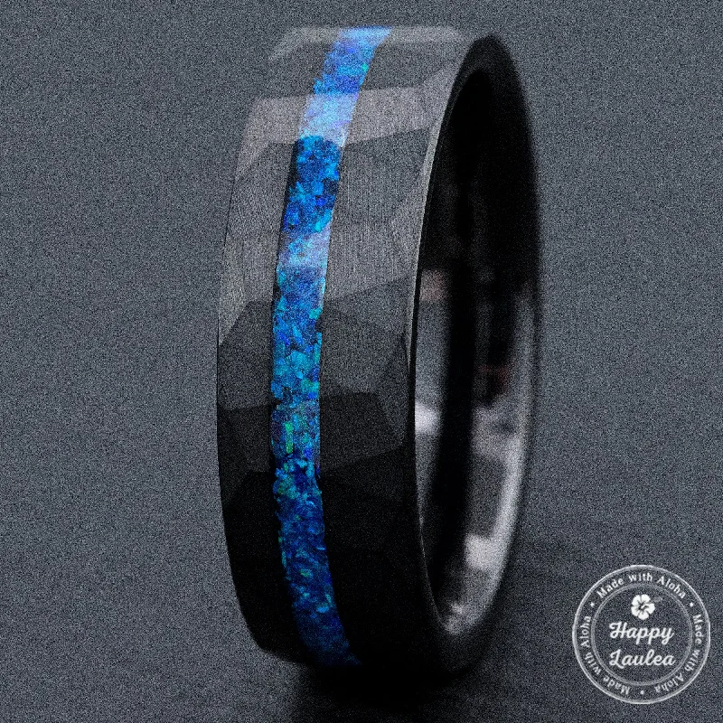 Black Tungsten Hammered Ring Offset Blue Opal Inlay [8mm Width]  Flat Shape, Comfort Fitment