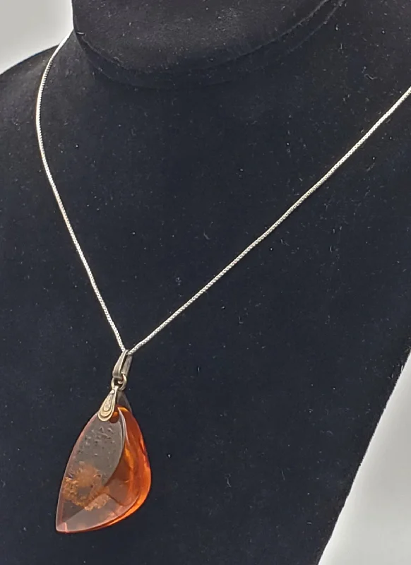 silver pendant necklaces for women -Vintage Soviet Amber Modernist Freeform Sculpted Pendant on Sterling Silver Necklace - 16.25"