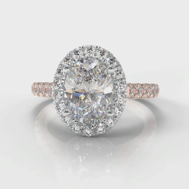 platinum engagement rings -Micropavé Oval Diamond Halo Engagement Ring - Two Tone Rose Gold