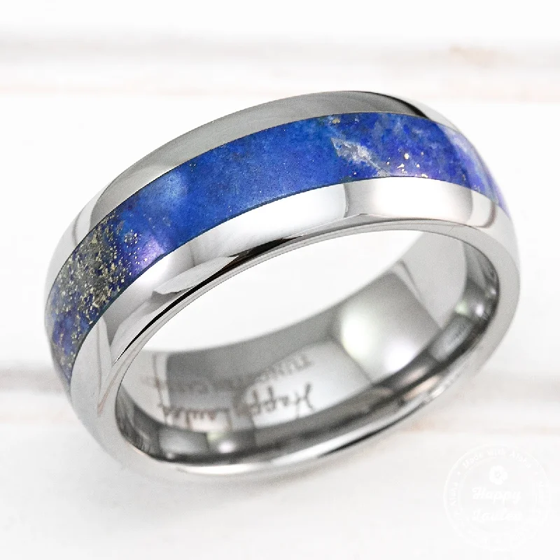 Tungsten Carbide Dome Shape Ring with Lapis Lazuli Inlay - 8mm, Comfort Fitment