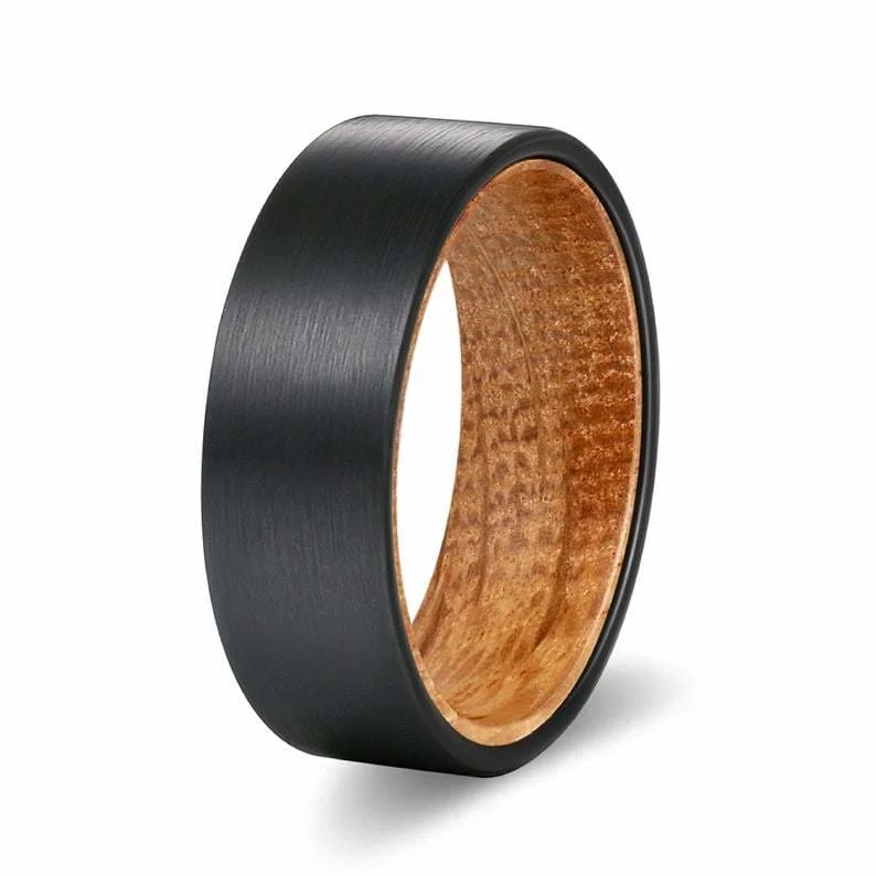 HOWI Black Pipe Cut Tungsten Wedding Band w/ Whiskey Barrel Sleeve 6mm & 8mm