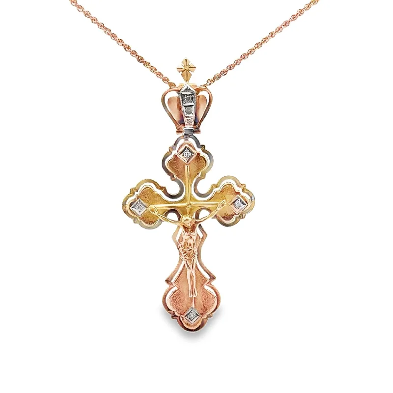 elegant necklaces for women -Russian 14k Yellow Gold Diamond Jesus-on-Cross Pendant Necklace, Circa 1950’s