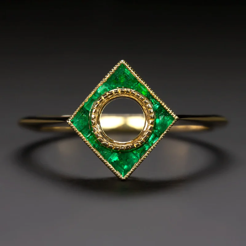 oval cut engagement rings -EMERALD 5mm ROUND ENGAGEMENT RING SETTING GOLD MOUNT GEOMETRIC ART DECO CALIBRE