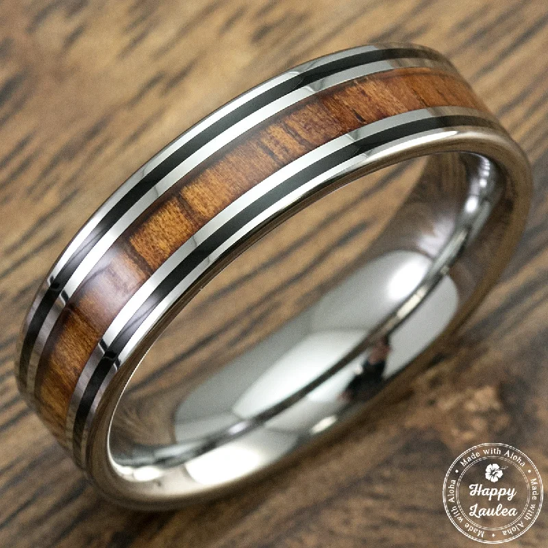 Hawaiian Koa Wood 6mm Tungsten Carbide Ring with Black Enamel linings