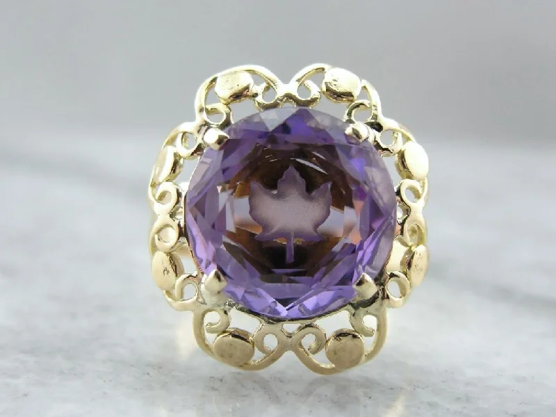 Go Maple Leafs! Vintage Carved Amethyst Cocktail Ring with Botanical Theme