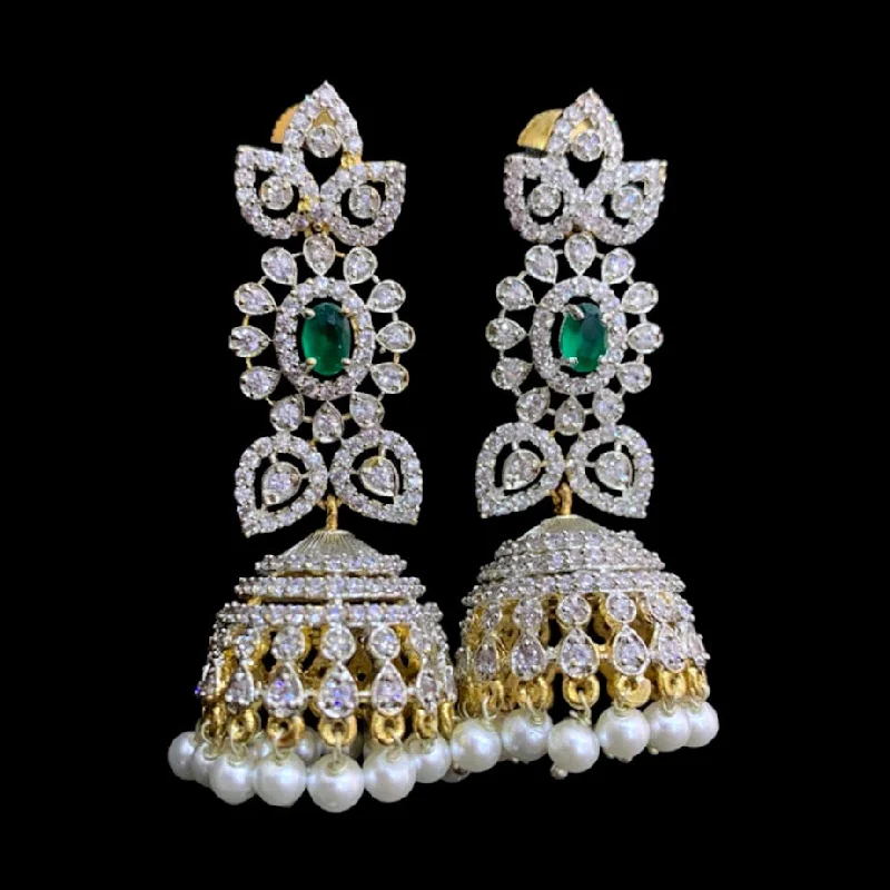 trendy stud earrings for women -Emerald Green White AD Zircon (CZ) Jhumka Earring