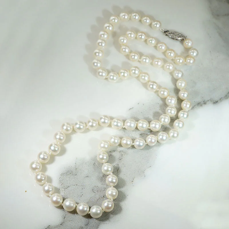 bridal shower necklaces for women -Glossy White 25.5" Pearl Necklace with White Gold Clasp