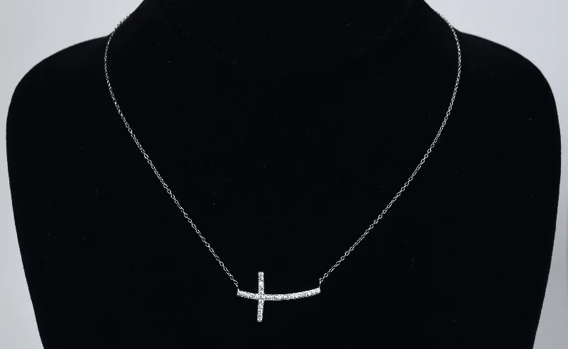 long necklaces for women -Sterling Silver Curved Crystal Cross Necklace