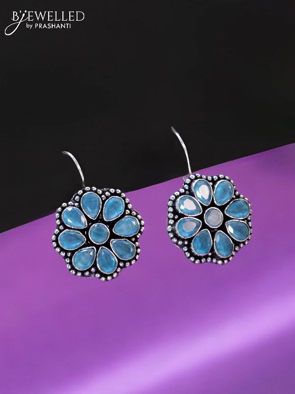 pearl earrings for women -Oxidised hanging type earring floral design with ice blue stones