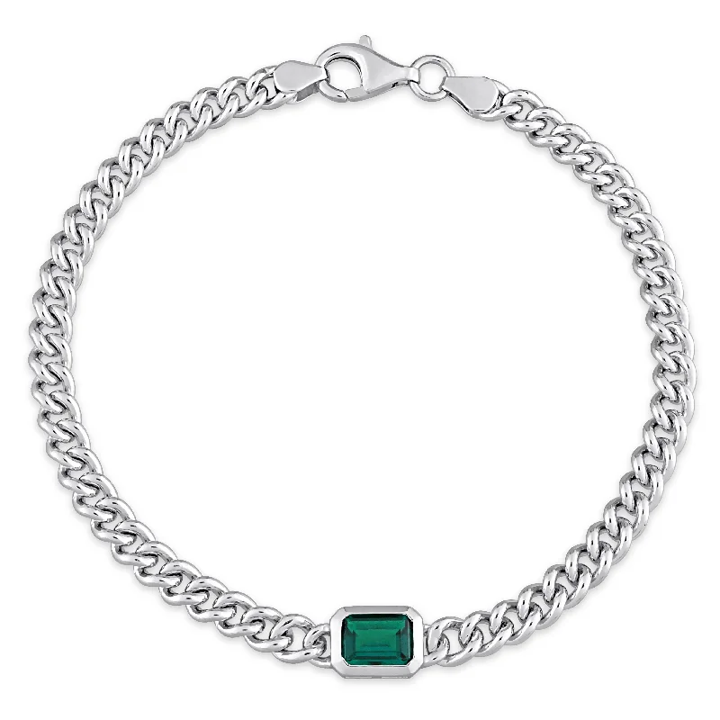 gemstone bangles for casual wear -Mimi & Max 7/8 CT TGW Octagon Created Emerald Curb Link Chain Bracelet in Sterling Silver