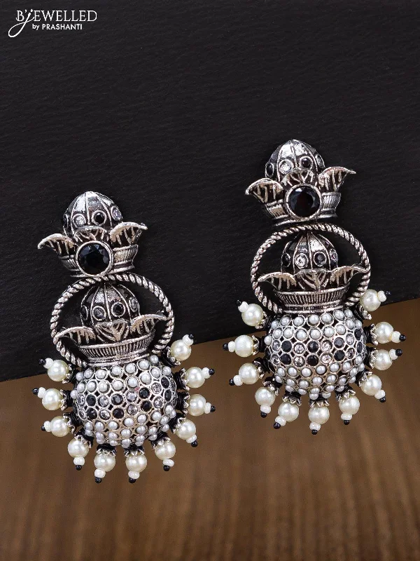 women’s earrings -Oxidised earring with black & cz stones and pearl