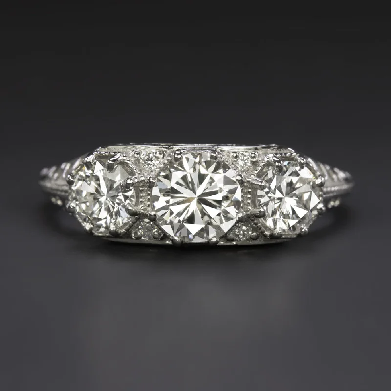 round cut engagement rings -1.35ct VINTAGE STYLE DIAMOND ENGAGEMENT RING PLATINUM 3 STONE ROUND CUT ART DECO