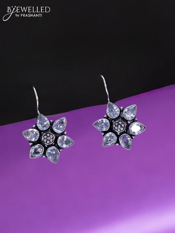 small earrings for women -Oxidised hanging type earring floral design with white stones