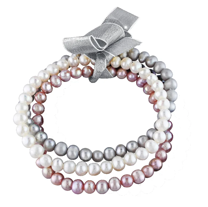 bangles with diamonds for women -Mimi & Max 5-5.5mm White Pink and Grey Cultured Freshwater Pearl Three Bracelet Set with Ribbon