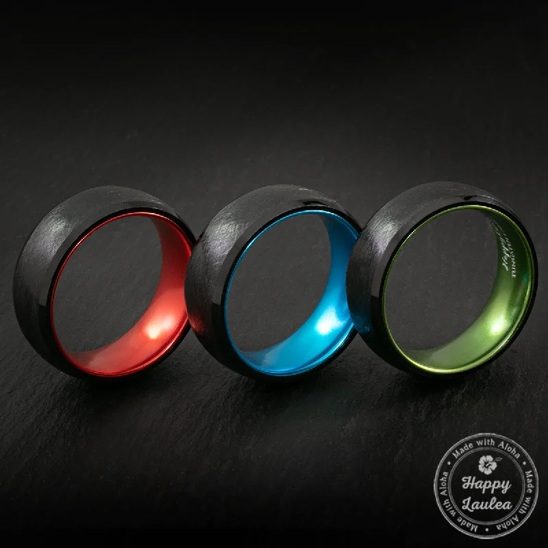 Black Tungsten Brushed Finish Ring with Space Grade Aluminum Color Sleeve - Dome Shape, Comfort Fitment