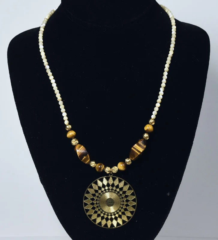 diamond heart necklaces for women -Carved Shell Bead, Brass and Tiger's Eye Necklace with Brass Pendant