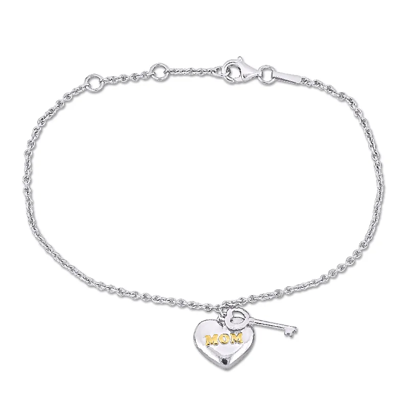 chic gemstone bangles -Mimi & Max Silver Charm Bracelet w/18K Yellow Gold Plated "Mom" Heart & Key Charm