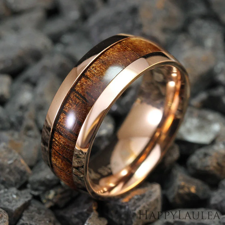 Tungsten Carbide Rose Gold Ring / Hawaiian Koa Wood / 8mm Width - Barrel Shape, Comfort Fitment