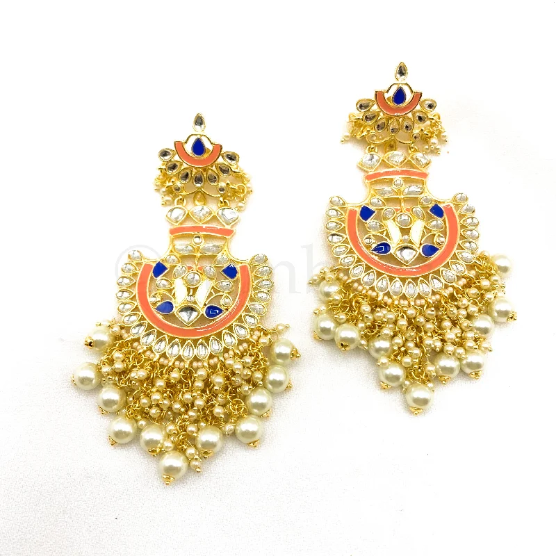 chic hoop earrings for women -Artisan Hand-painted Long Amrapali style Earring with polki Kundan stones and pearl dangles