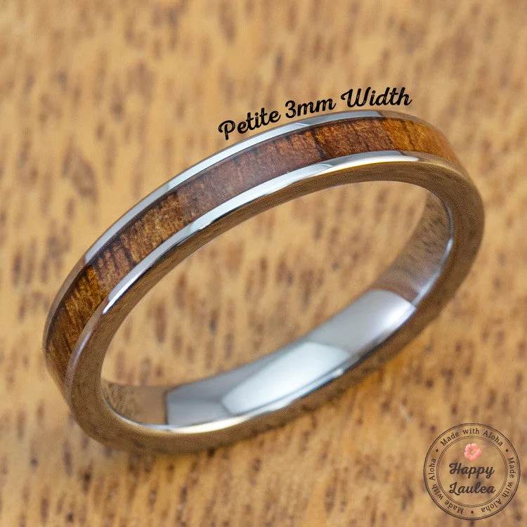 Petite Tungsten Carbide Ring with Hawaiian Koa Wood Inlay - 3mm, Flat Shape, Comfort Fitment