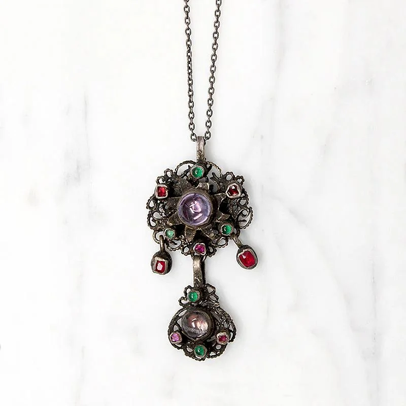 gemstone necklaces for women -Early 1800s Gem Set Silver Filigree Austro-Hungarian Pendant