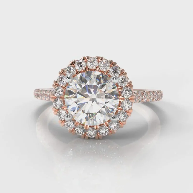 bridal solitaire engagement rings -Petite Micropavé Round Brilliant Cut Diamond Halo Engagement Ring - Rose Gold