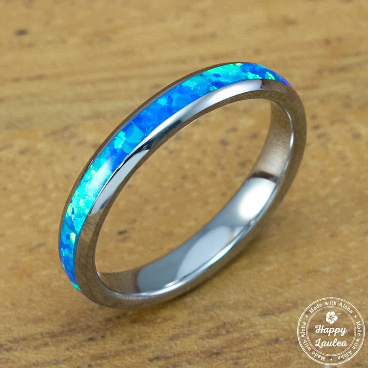 Petite Tungsten Carbide Blue Opal Ring - 3mm, Dome Shape, Comfort Fitment