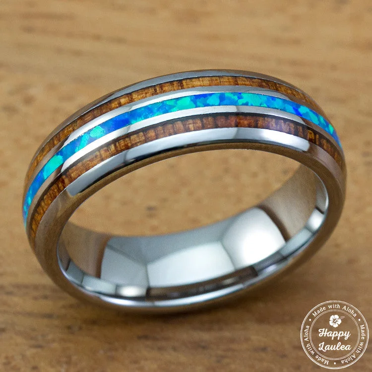 Tungsten Carbide Ring with Blue Opal & Koa Wood Tri Inlay - 6mm, Dome Shape, Comfort Fitment