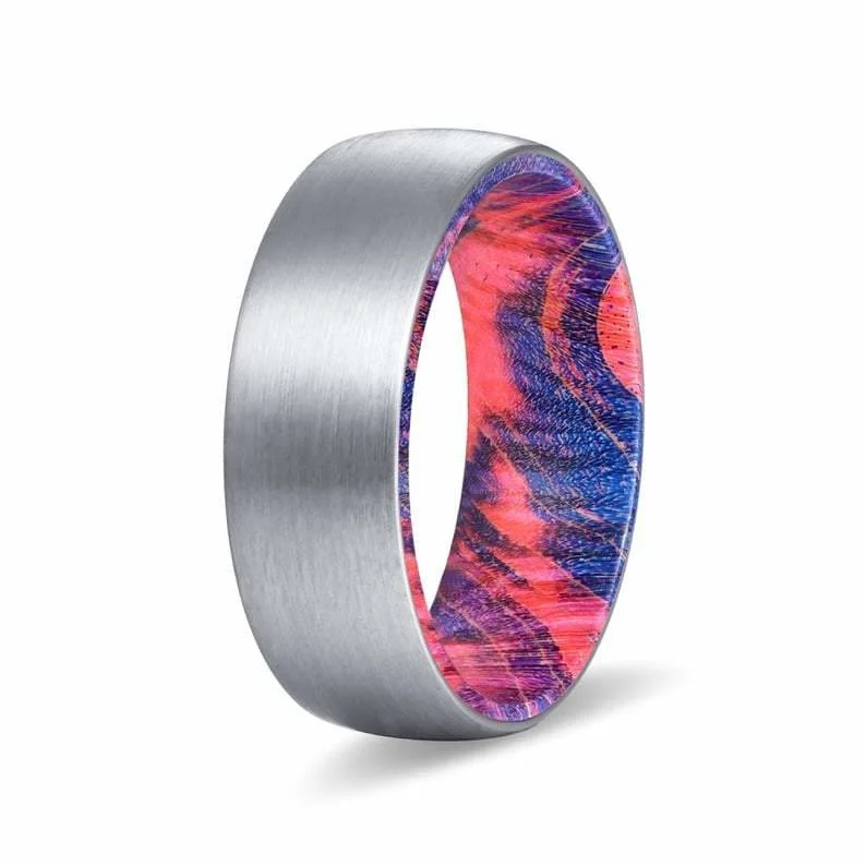 DEUS Men's Tungsten Wedding Band with Red & Blue Box Elder Wood Sleeve 8mm