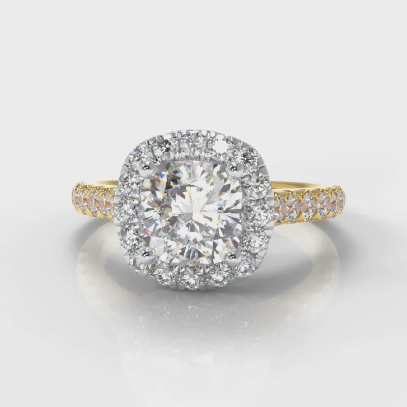 classic engagement rings -Micropavé Cushion Cut Diamond Halo Engagement Ring - Two Tone Yellow Gold