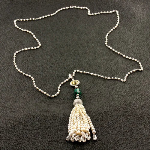 matching necklaces for couples -Diamond, Emerald & Pearl Tassel Necklace