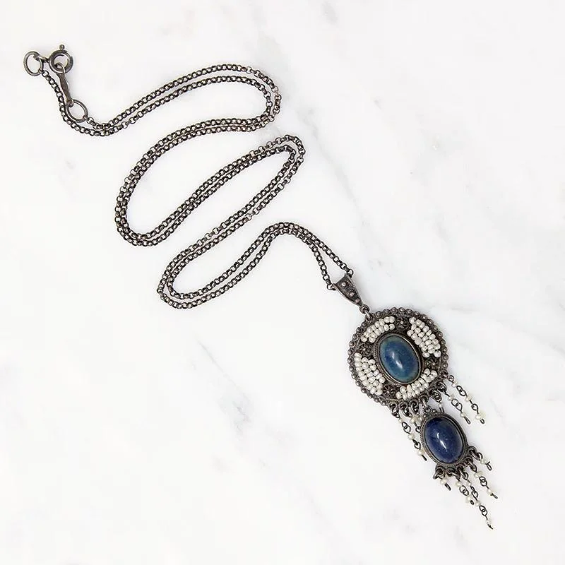 vintage style necklaces for women -Exquisite Austro-Hungarian Lapis and Pearl Fringe Pendant