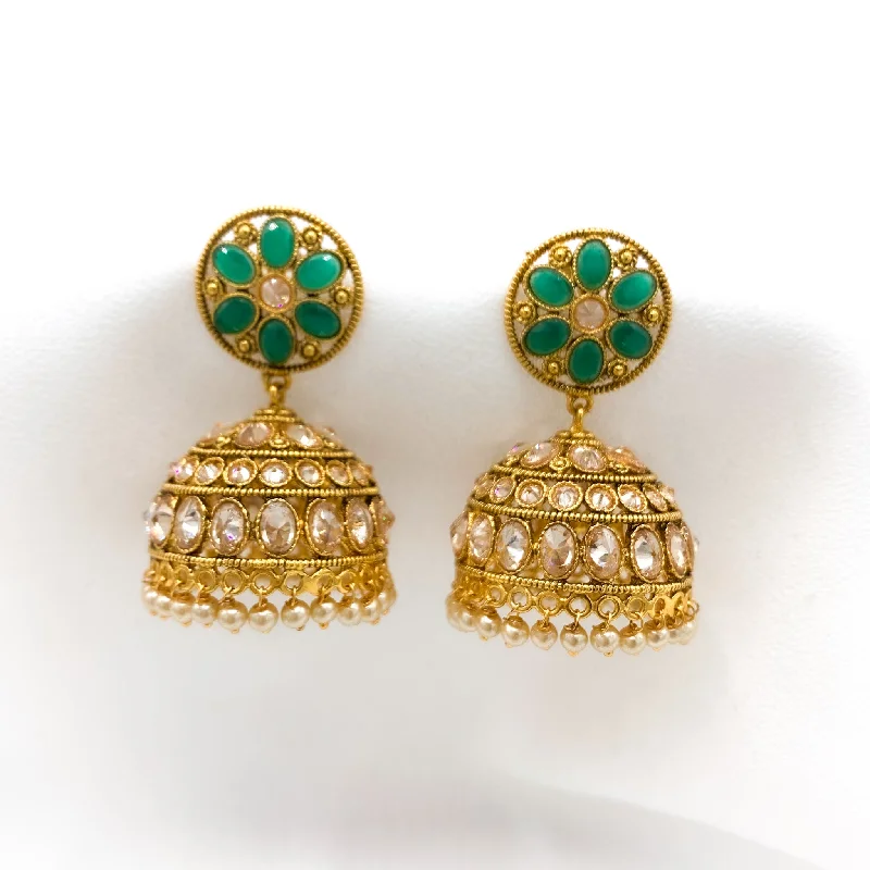 stud and hoop earrings for women -Beautiful Antique Gold Jhumka Earring with LCD Champagne stones and Greed Floral Stud